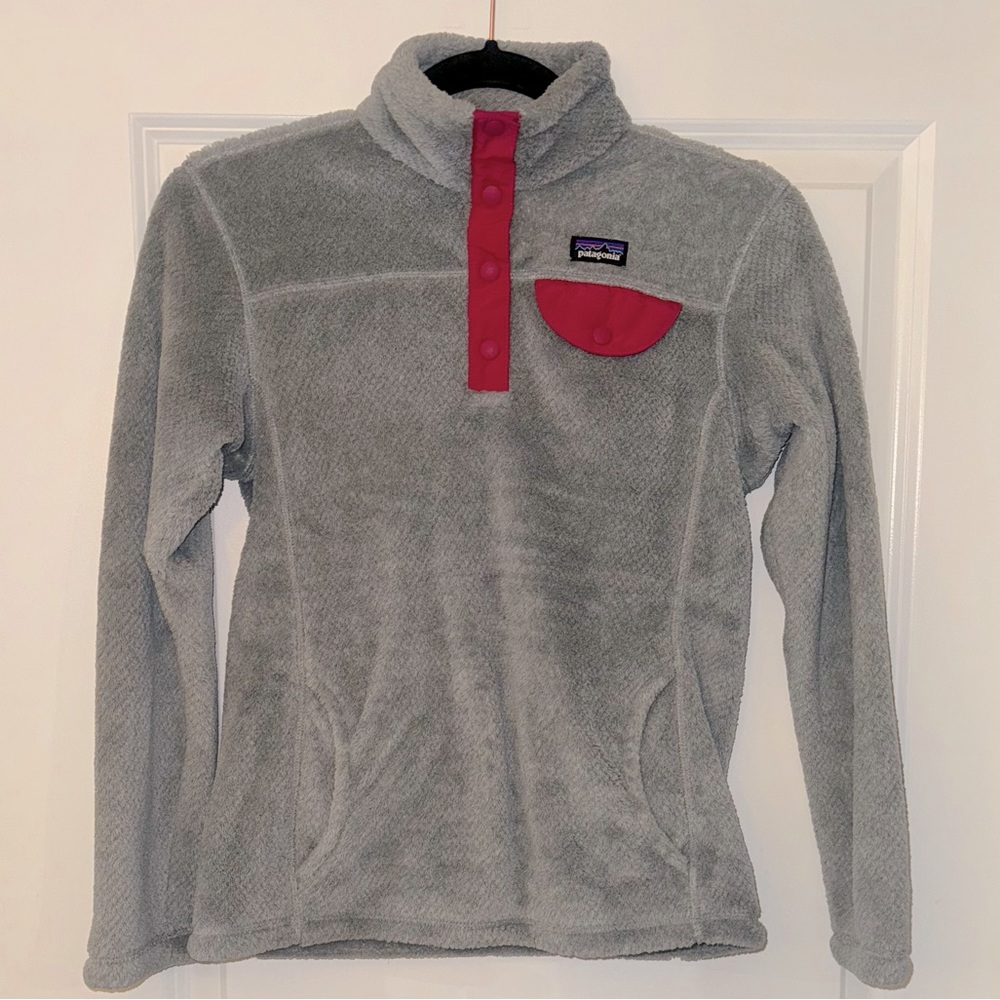 Patagonia Re Tool Fleece Jacket Girls L Pink Gray 1/4 Snap Pullover